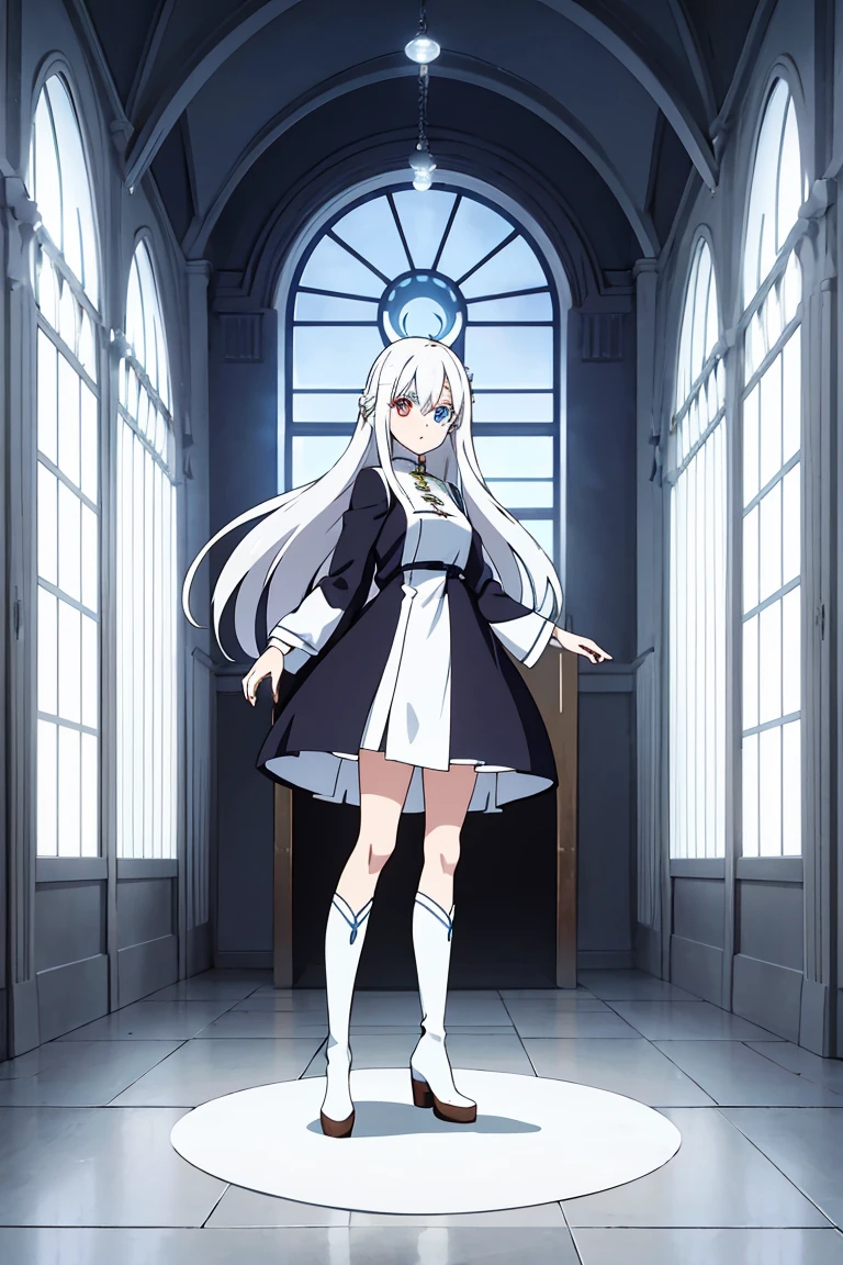 Anime girl, long white hair, cute girl, blue beautiful eyes ,female priest robe with blue and white color, brown boots, pale skin, whole body, standing pose, fantast world photography