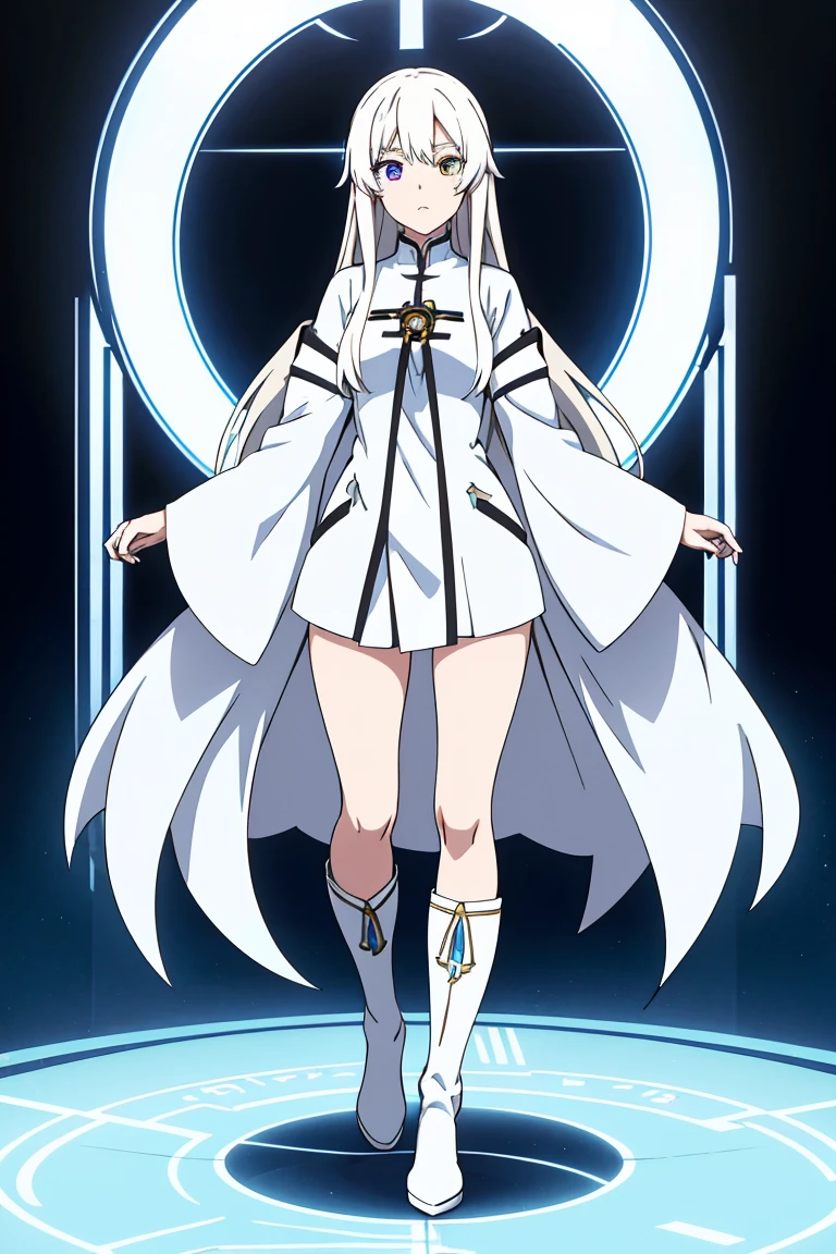 Anime girl, long white hair, cute girl, heterochromia eyes ,female priest robe with blue and white color, brown boots, pale skin, whole body, standing pose, fantast world photography