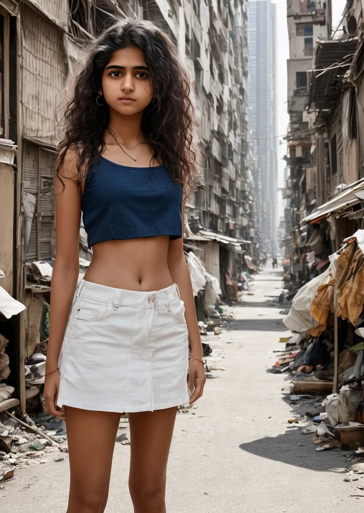 Portrait of a young very cute Indian teenager with long hair, sleeveless, wavy hair standing bare midriff,  short white miniskirt, New York street slums with the early evening clearly visible background