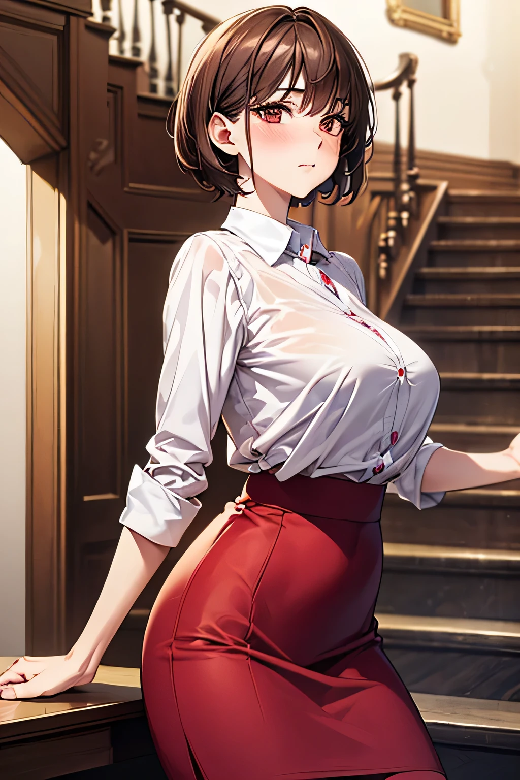 One Woman, alone, middle aged, Beautiful middle aged woman、I could see the whole body、 ((short hair)), ((Brown eyes, Beautiful eyelashes, Realistic eyes)), ((Detailed face, blush:1.2)), ((Smooth texture:0.75, Realistic texture:0.65, Realistic:1.1, Anime CG style)), ((Glamorous Body)),((Big Breasts)), Dynamic Angle, Perfect body, ((Light purple transparent blouse, Red Skirt))、(Hotel stairs)、that'the wind is strong、(Very embarrassing panic smile)、I can see her panties peeking out in front of me.., Angle looking up from the top of the stairs、 (((The wind blew up her skirt、Your pants are completely visible..、Pink Floral Panty Star Piece, Highest quality, High resolution, Pixel perfect, 8k,))),