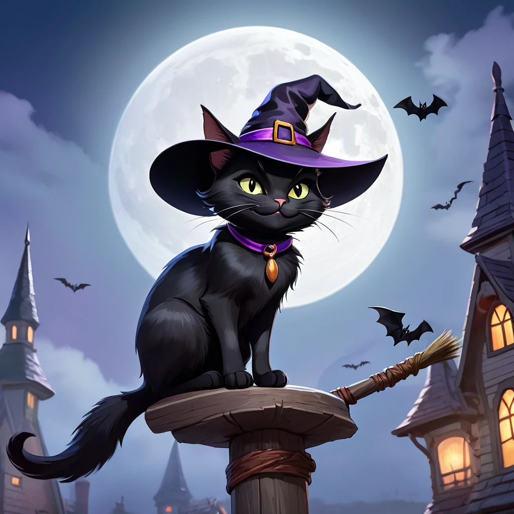 A black cat perched atop a broomstick, adorned with a witch's hat and a mischievous grin. A full moon looms in the background, while bats flit around the scene