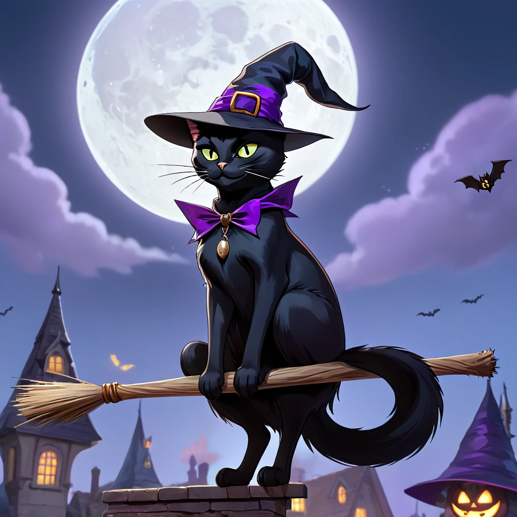 A black cat perched atop a broomstick, adorned with a witch's hat and a mischievous grin. A full moon looms in the background, while bats flit around the scene