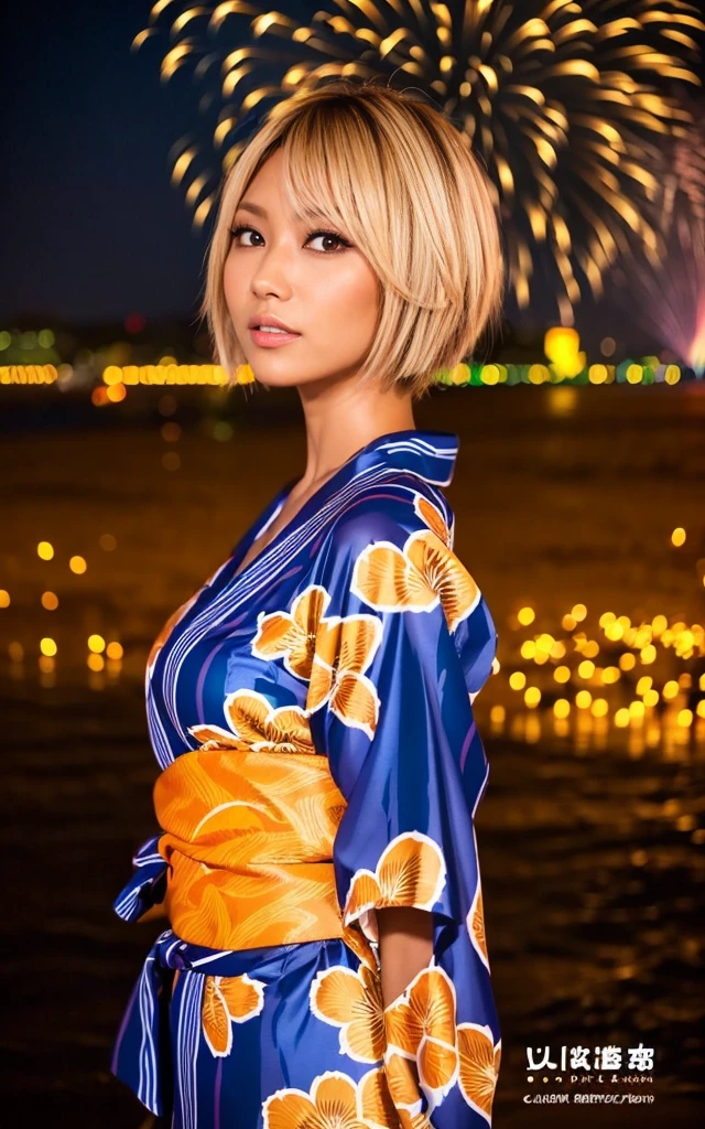 gyaru, dark-skinned, shiny oiled skin, blond hair,  short cut hair, wearing vivid yukata, standing in seaside beach, dark-night, deep fog, orange lanthanum light, Fireworks Festival Venue, Fireworks in the background, cinematic lighting, face close up, from side