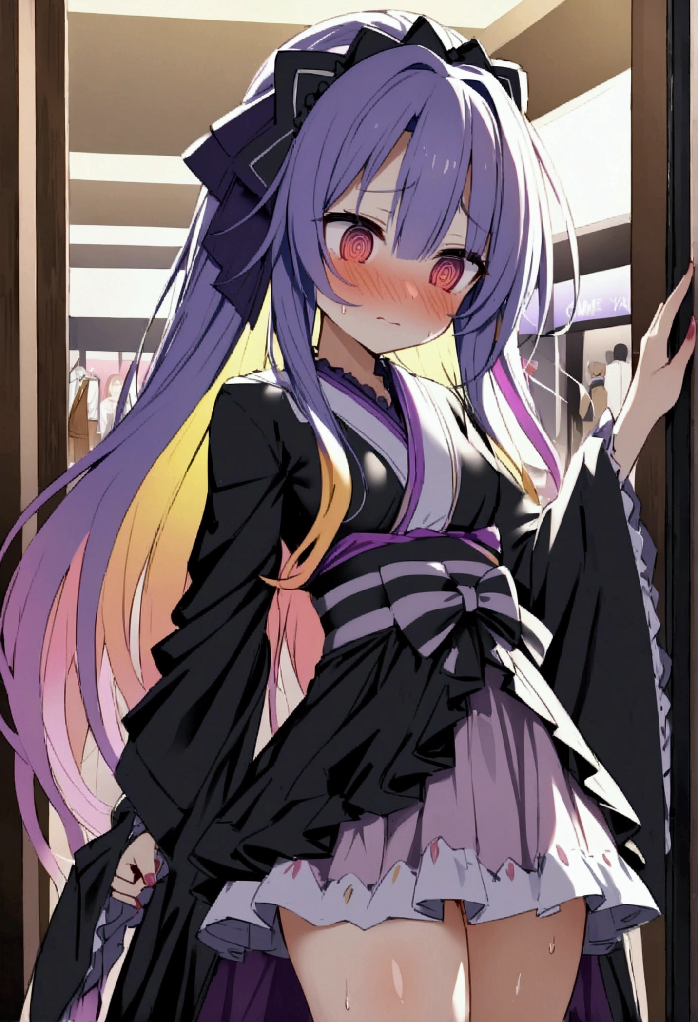 NSFW,masterpiece,Highest quality,High resolution,Very detailed,white\(no game No life\),Small breasts,(Gothic ta),(kimono),Shoulder Bare,mini skirt,(younger sister),blush,Shopping mall,Cosplay Shop
