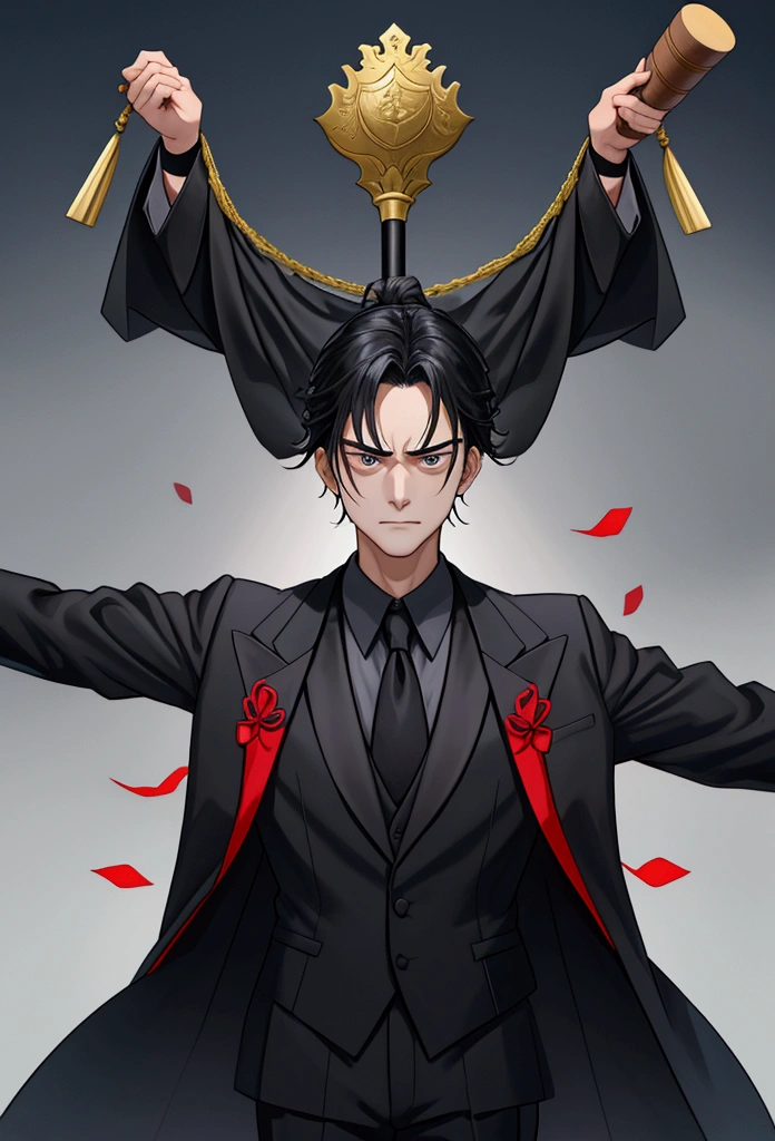 lawyer He is wearing a black suit and is holding a mallet with his arms raised.。A servile, dissatisfied face looking 47 degrees upwards Black hair two-block 背景は裁判所のlawyer用の席
