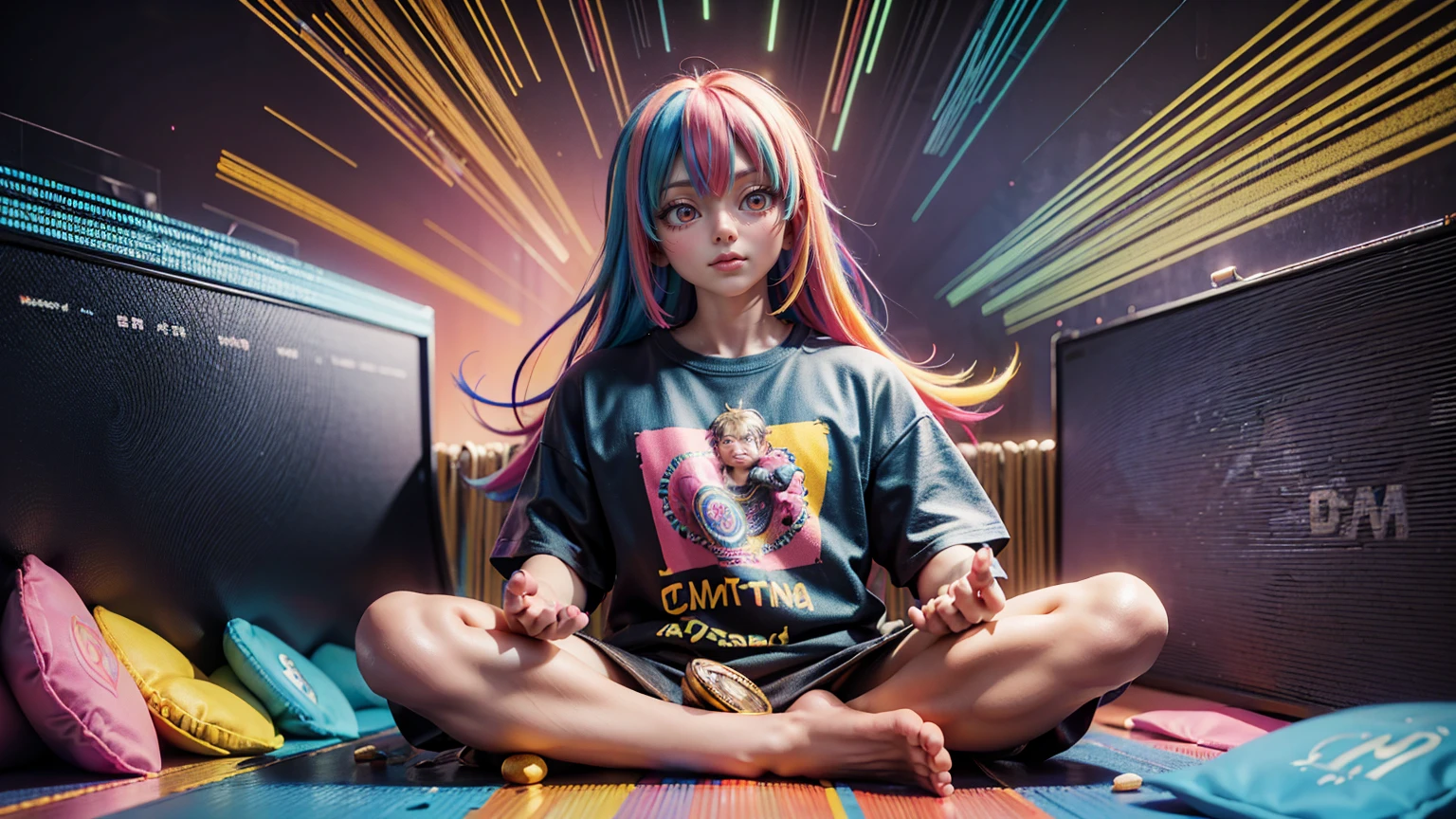 A colorful cartoon illustration of the Buddha meditating on top with his hands spread out in front, wearing an oversized t-shirt that says " PACIbuffyforce Bnett babe" , surrounded by bitcoin coins and trading charts,, perfect details, smooth lines, high resolution, high quality, high detail, high definition, bright colors, vivid colors, colorful background. A poster for stock market, colorful background, trending on artstation, colorful, colorful digital art, colorful, colorful digital art, colorful digital art, colorful digital art, colorful digital art, colorful digital art, colorful digital art, colorful digital art, colorful digital art, colorful digital