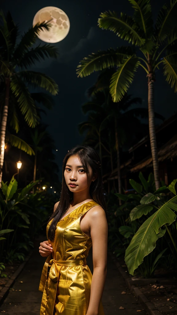 young woman, traditional Thai dress, beautiful, scary, darkness, banana tree, night atmosphere, moon