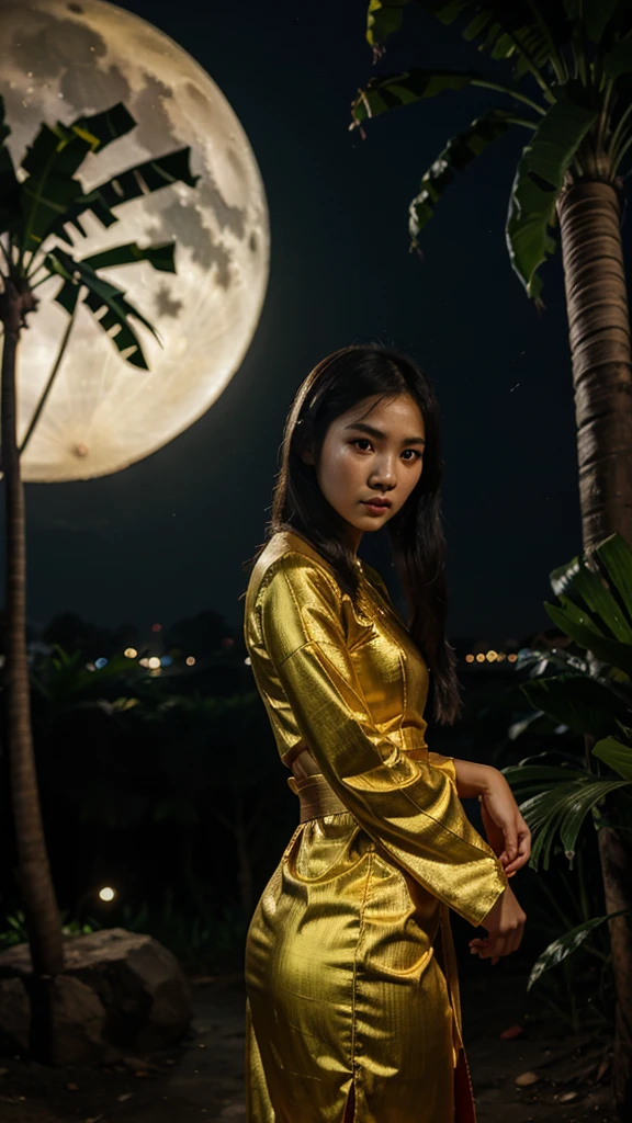 young woman, traditional Thai dress, beautiful, scary, darkness, banana tree, night atmosphere, moon
