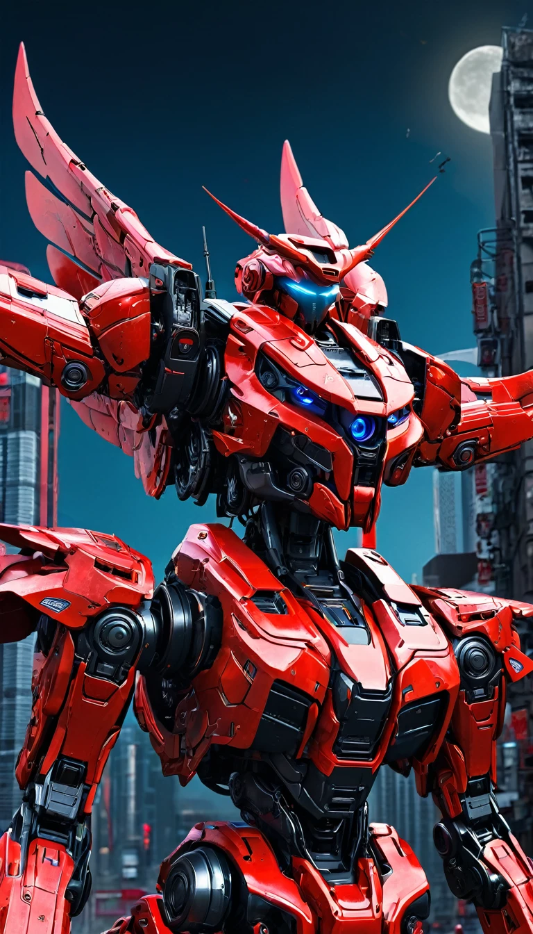 Red theme, phoenix mecha, head for GOD head, mecha wings, cyberpunk, best quality, masterpiece, unmanned, full body, mechanical marvel, strong, moon, ruined city, highest quality digital art, stunning art, wallpaper 4k, highly detailed, military robot, army, war zone, dynamic lighting, movie, epic, damaged mechanical parts