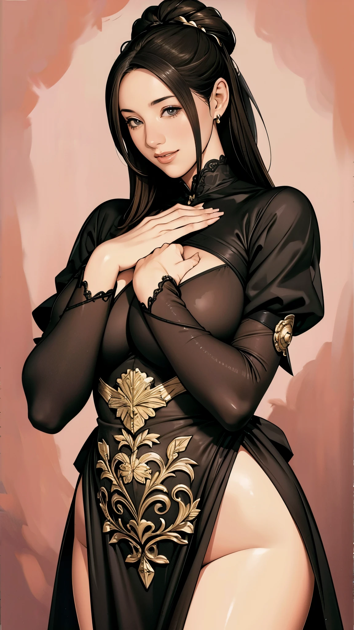 (masterpiece:1.2),(Highest quality),(Very detailed),(High resolution),8k,wallpaper,1 girl,Beautiful female hands,Fine hand,the goddess is standing,Big Breasts,front,look at me,A lewd and vulgar smile,dress,Baroque art-inspired designs and patterns,(((hands)))