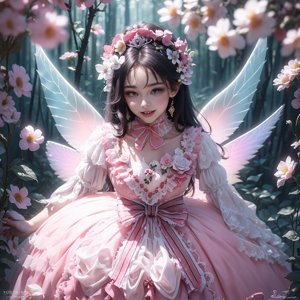 (highest quality, masterpiece, Super detailed, very detailed, exquisite, 16K,Full HD),dramatic lighting, warm lighting, soft lighting, environmental lighting, ((alone:1.5)),From the side,white background,From above,((head shot)),wake up,large amount of flowers,The entire screen is surrounded by flowers,in the forest,(Crystal Forest),(fairy princess, purple eyes, long eyelashes,white skin,slim,Pale pink lip,pale pink cheeks, bionde,thin and long,(thin and high nose,small nose),(From above her waist, a giant fairy wing),Diamond Tiara,diamond earrings,Diamond Choker,white ball gown dress with diamonds, lace and ruffles,(laughter), (fantasy, romantic atmosphere), magic light,