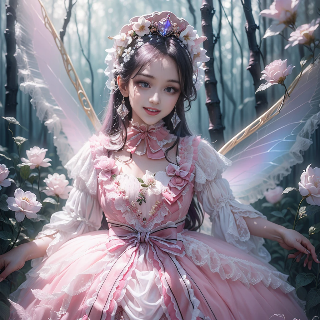 (highest quality, masterpiece, Super detailed, very detailed, exquisite, 16K,Full HD),dramatic lighting, warm lighting, soft lighting, environmental lighting, ((alone:1.5)),From the side,white background,From above,((head shot)),wake up,large amount of flowers,The entire screen is surrounded by flowers,in the forest,(Crystal Forest),(fairy princess, purple eyes, long eyelashes,white skin,slim,Pale pink lip,pale pink cheeks, bionde,thin and long,(thin and high nose,small nose),(From above her waist, a giant fairy wing),Diamond Tiara,diamond earrings,Diamond Choker,white ball gown dress with diamonds, lace and ruffles,(laughter), (fantasy, romantic atmosphere), magic light,