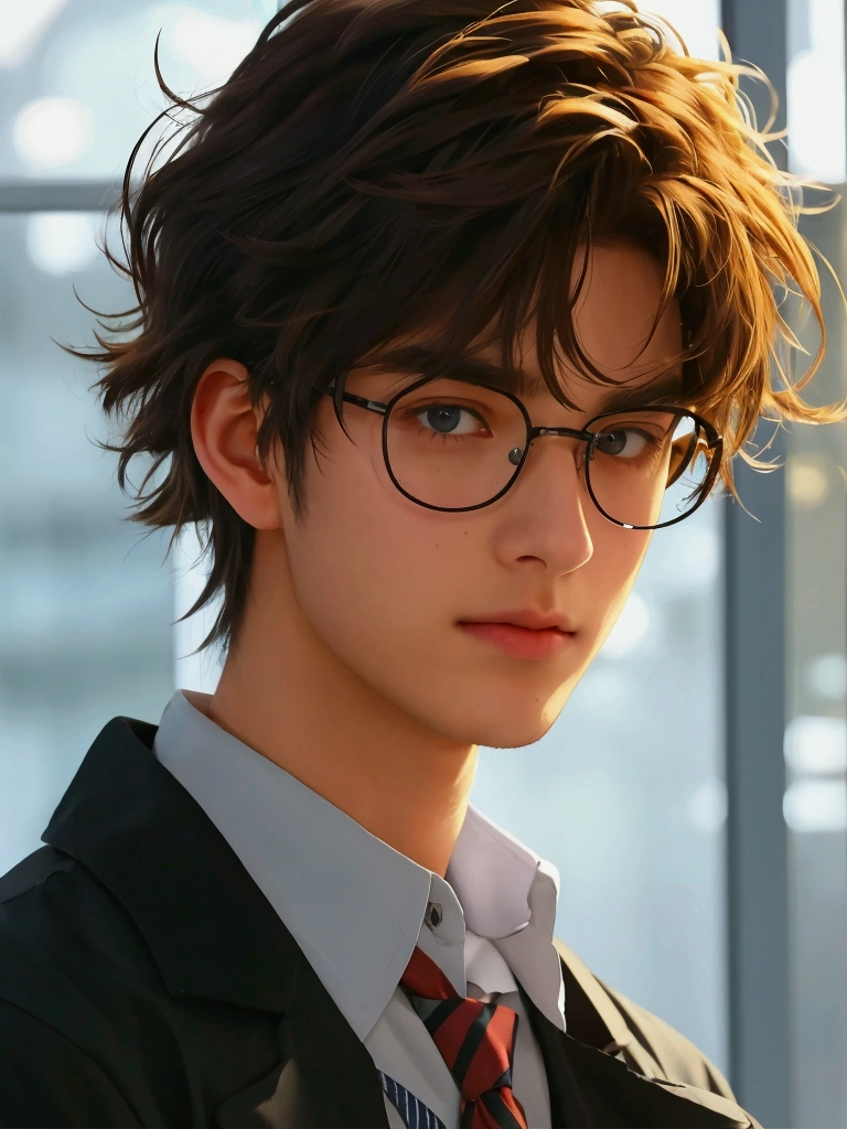 Medicine student ,2nd , cool , hunk, messy brown hair , in university,uniform