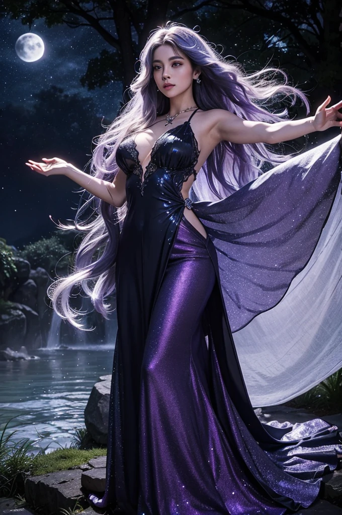 Hair Color: Luna's long, flowing locks cascade like midnight, a deep and enchanting shade of onyx that gleams with a subtle luminescence under the moonlight.Eye Color: Her eyes, pools of mystery, are a mesmerizing shade of deep amethyst, reflecting the secrets of the cosmos and the tales hidden within her ancient book.Pose: Luna stands in a moonlit forest clearing, one hand gently reaching toward the night sky, and the other cradling an antique book. Her pose is an ethereal dance, capturing the essence of mystery and enchantment.Attire: Luna wears a flowing deep-purple gown adorned with subtle luminescent patterns that shimmer in the moonlight. A silver pendant hangs from her neck, echoing the celestial theme.Hand Placement: Luna's outstretched hand points toward the crescent moon, channeling an unseen energy. The hand cradling the book is delicately poised, showcasing elegance and wisdom.Location: The backdrop is a mystical forest with tall, ancient trees casting shadows beneath the moon's soft glow. Instagram's "Moon" filter adds a touch of celestial magic, enhancing the mysterious ambiance.