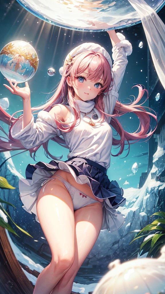 (masterpiece, highest quality, ultra high res, ultra detailed:1.3), 1 cute girl, ideal ratio body proportions, full body, (in snow globe:1.4), in container, (herbarium:1.2), (spherical glass), (floating), (zero gravity), (skirt floating up by buoyancy:1.2), solo focus, submerged, underwater, air bubble, bright lighting, spherical glass wall, pink medium hair, small breast, (white panties:1.4),