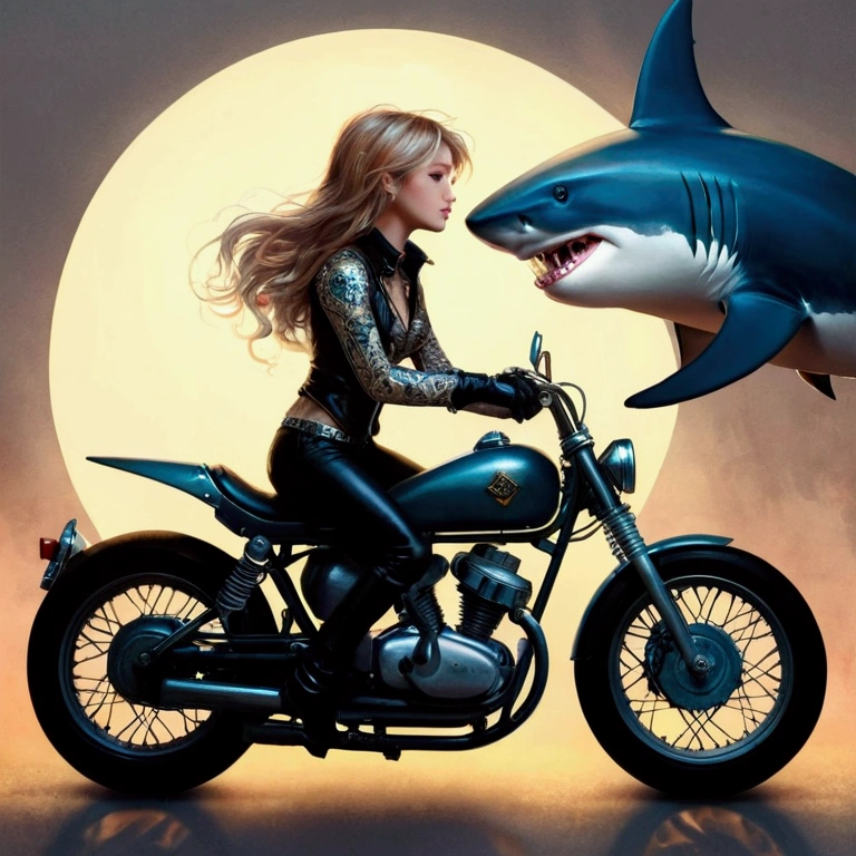 Shark on motorcycle、Fantasy creation illustration、Mignonne gentillesse