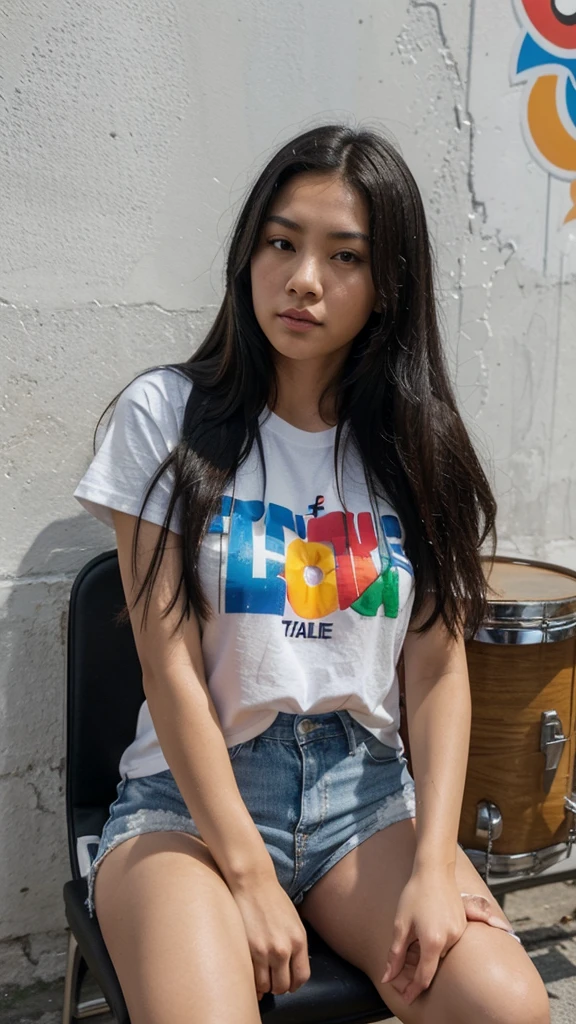 A low-angle photograph captures a young woman of mixed Thai and Chinese descent with long, straight black hair, sitting on a chair and playing a drum set. She is wearing a white t-shirt and short denim shorts. The woman is deeply focused on playing the drums. The background features a wall in a vibrant street art style, with distinctive designs that express emotions and bright colors, adding to the overall lively and dynamic atmosphere of the scene.