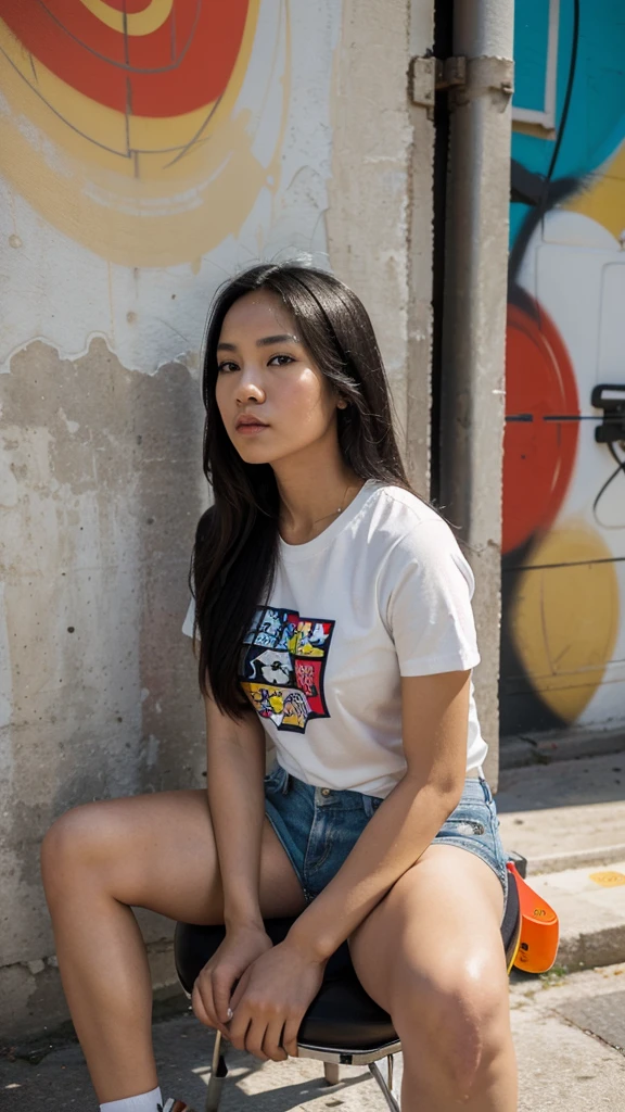 A low-angle photograph captures a young woman of mixed Thai and Chinese descent with long, straight black hair, sitting on a chair and playing a drum set. She is wearing a white t-shirt and short denim shorts. The woman is deeply focused on playing the drums. The background features a wall in a vibrant street art style, with distinctive designs that express emotions and bright colors, adding to the overall lively and dynamic atmosphere of the scene.
