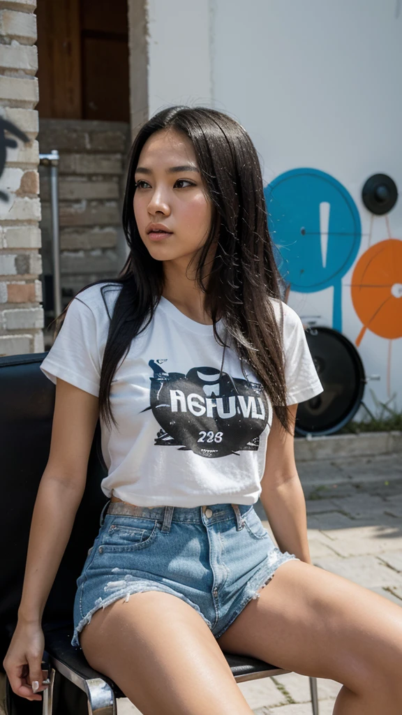 A low-angle photograph captures a young woman of mixed Thai and Chinese descent with long, straight black hair, sitting on a chair and playing a drum set. She is wearing a white t-shirt and short denim shorts. The woman is deeply focused on playing the drums. The background features a wall in a vibrant street art style, with distinctive designs that express emotions and bright colors, adding to the overall lively and dynamic atmosphere of the scene.
