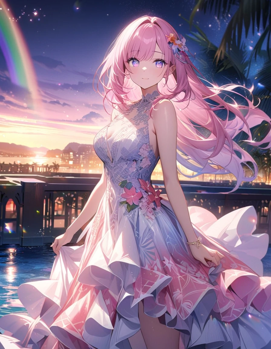 ``A beautiful woman with long pink hair and beautiful eyes wearing an elegant and detailed hawaiian dress.The dress must have intricate designs and patterns to give it a luxurious and luxurious feel.In the background , the image should depict a romantic Hawaiian beach at night with light reflecting off the water and an illuminated bridge across the scene, emphasizing the sparkling effects and rainbows throughout the image. Enhance your look and add special ruffles to your dress to make it stand out.”