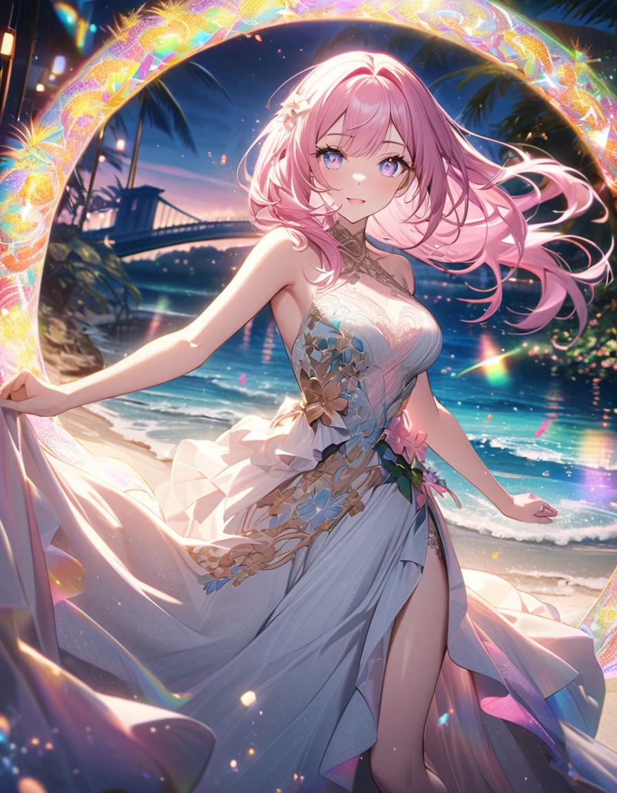 ``A beautiful woman with long pink hair and beautiful eyes wearing an elegant and detailed hawaiian dress.The dress must have intricate designs and patterns to give it a luxurious and luxurious feel.In the background , the image should depict a romantic Hawaiian beach at night with light reflecting off the water and an illuminated bridge across the scene, emphasizing the sparkling effects and rainbows throughout the image. Enhance your look and add special ruffles to your dress to make it stand out.”