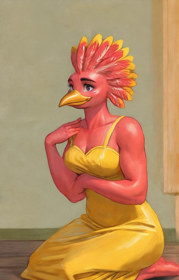 Woman,cabeça de galinha e corpo de Woman, wearing yellow dress. Bright feathers, muscled body, shy smile, scratching on the floor. 