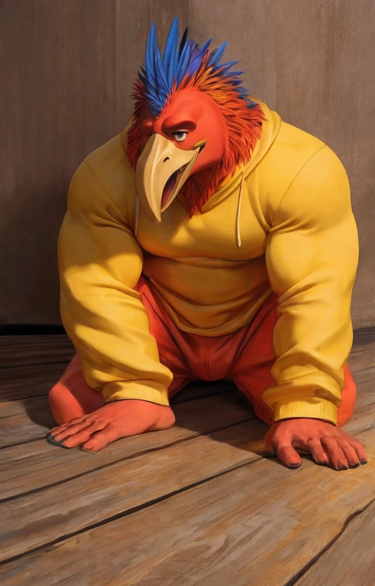 naughty man,rooster head and man body, wearing yellow sweatshirt. Bright feathers, muscled body, shy smile, scratching on the floor.