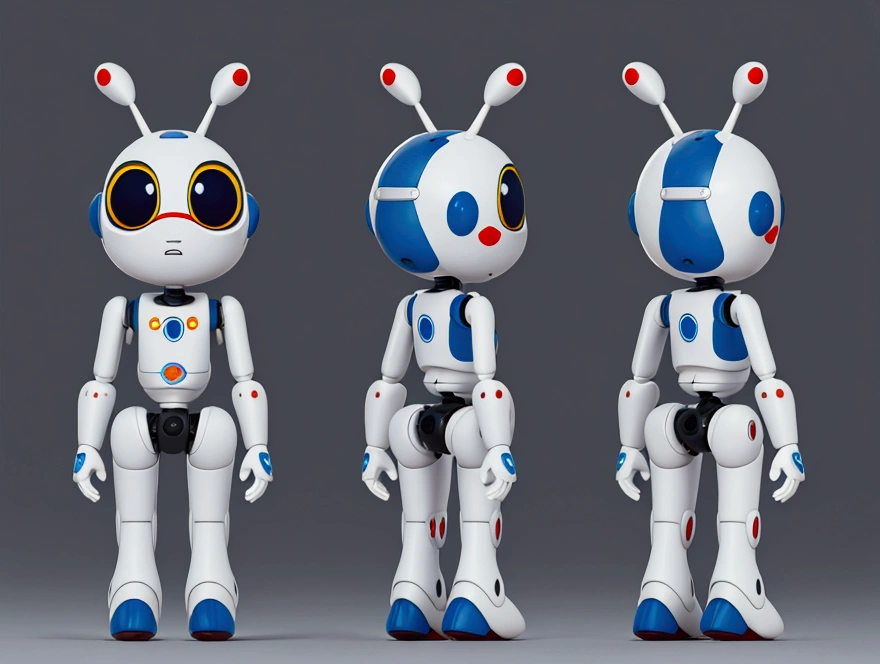 small tender robot like wally-e , short legs, reactangular rectangular head with eyes ((front, side, back views of the same character)) , white background