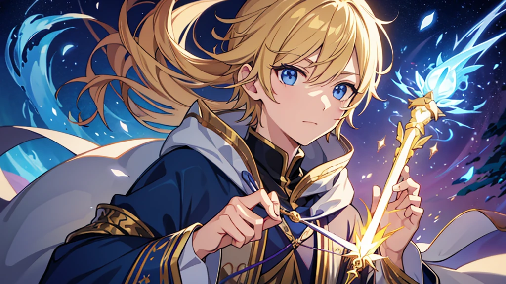 Different world、Fantasy、Male wizard with a wand、main character、Blonde