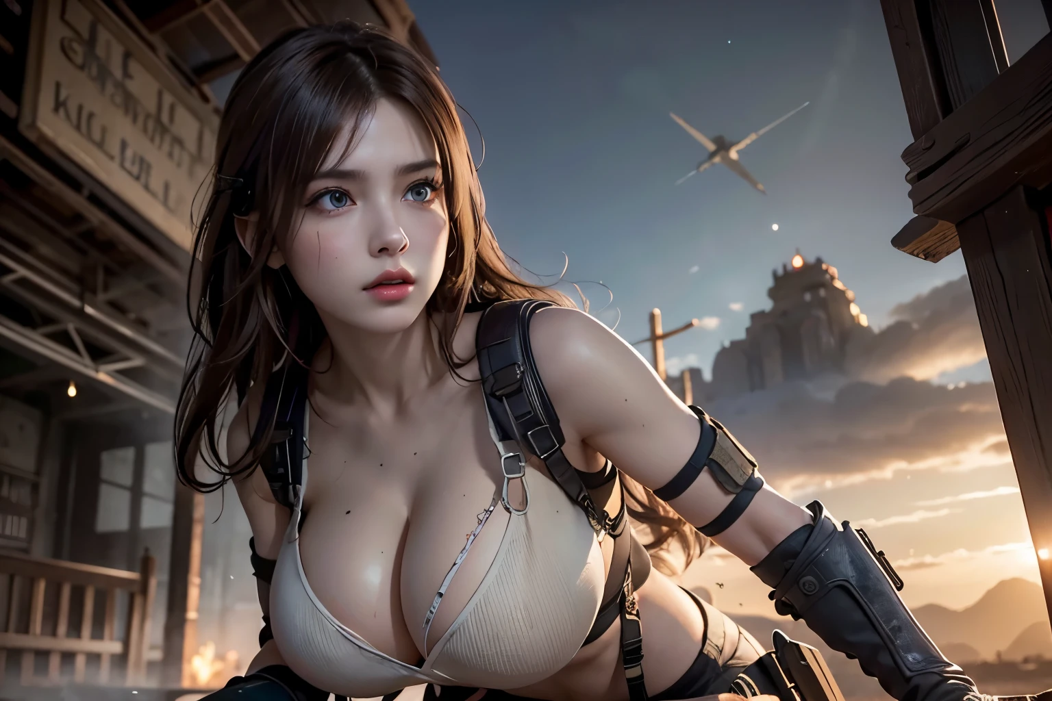 super fine illustration, ultra high resolution, masterpiece, highest quality, perfect lighting, detailed lighting, dramatic shadow, ray tracing, 1 Femail warrior, (((solo:1.5))), cute face, ((Big breasts:1.5)), exposed cleavage, beautiful detailed hazel eyes, sharp face, clear eyes, long bang, ((long messy hair:1.2)), blonde hair, ((post-apocalyptic fiction)), ((desert:1.2)), ((desert battle suit)), ((military harness)), world of the Mad Max, Resident Evil Series, full body, from below,