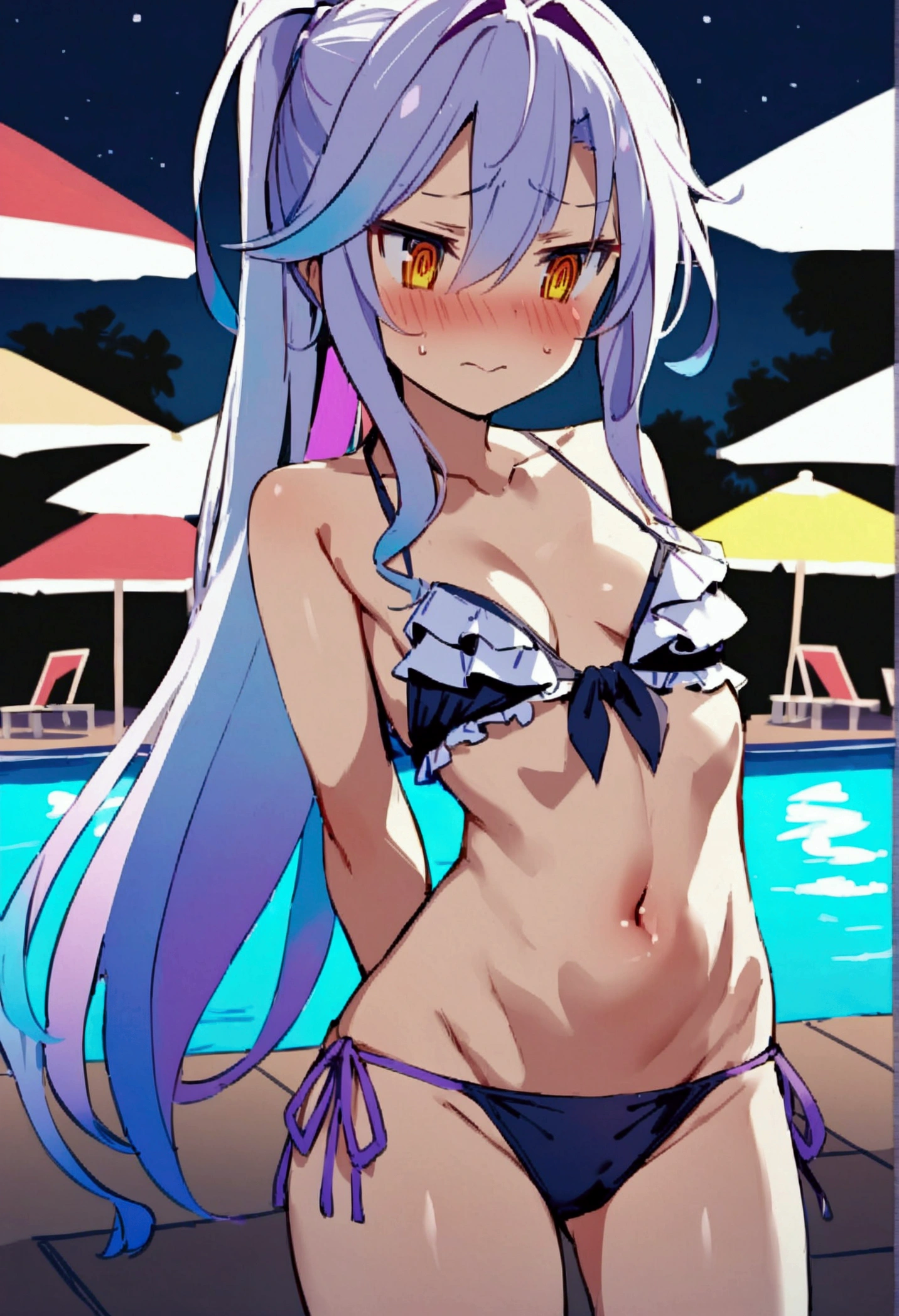 NSFW,masterpiece,Highest quality,High resolution,Very detailed,white\(no game No life\),Small breasts,ponytail,Ruffled bandeau bikini top,Cleavage,Tie side bikini bottom,Groin,Pool at night,Beach parasol,Frustrated face,blush,Sexy pose,Nampa