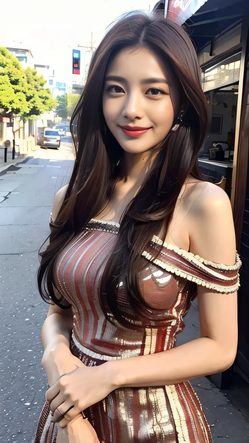((top quality, 8 thousand, masterpiece :1.3)), (beautiful body:1.2), very detailed face, detailed eyes, double eyelid, smiling face, long hair, She is one, Big beasts,open shoulder fantastic dress, famous street in korea, huge indian street, (korean club dresses:1.4)