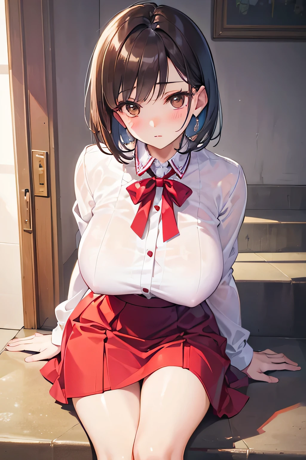 One Woman, alone, middle aged, Beautiful middle aged woman、I could see the whole body、 ((short hair)), ((Brown eyes, Beautiful eyelashes, Realistic eyes)), ((Detailed face, blush:1.2)), ((Smooth texture:0.75, Realistic texture:0.65, Realistic:1.1, Anime CG style)), ((Glamorous Body)),((Big Breasts)), Dynamic Angle, Perfect body, ((Light purple transparent blouse, Red Skirt))、(Hotel stairs)、that'the wind is strong、(Very embarrassing panic smile)、I can see her panties peeking out in front of me.., Angle looking up from the top of the stairs、 (((The wind blew up her skirt、Your pants are completely visible..、Pink Floral Panty Star Piece, Highest quality, High resolution, Pixel perfect, 8k,))),