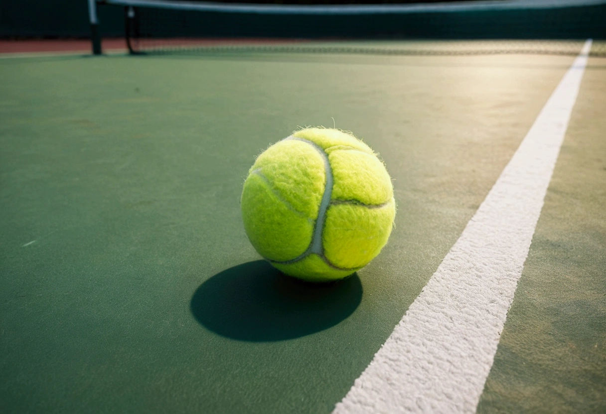 a picture of a tennis ball on the floor, tennis court in the background like in a commercial, tennis court is out of focus
