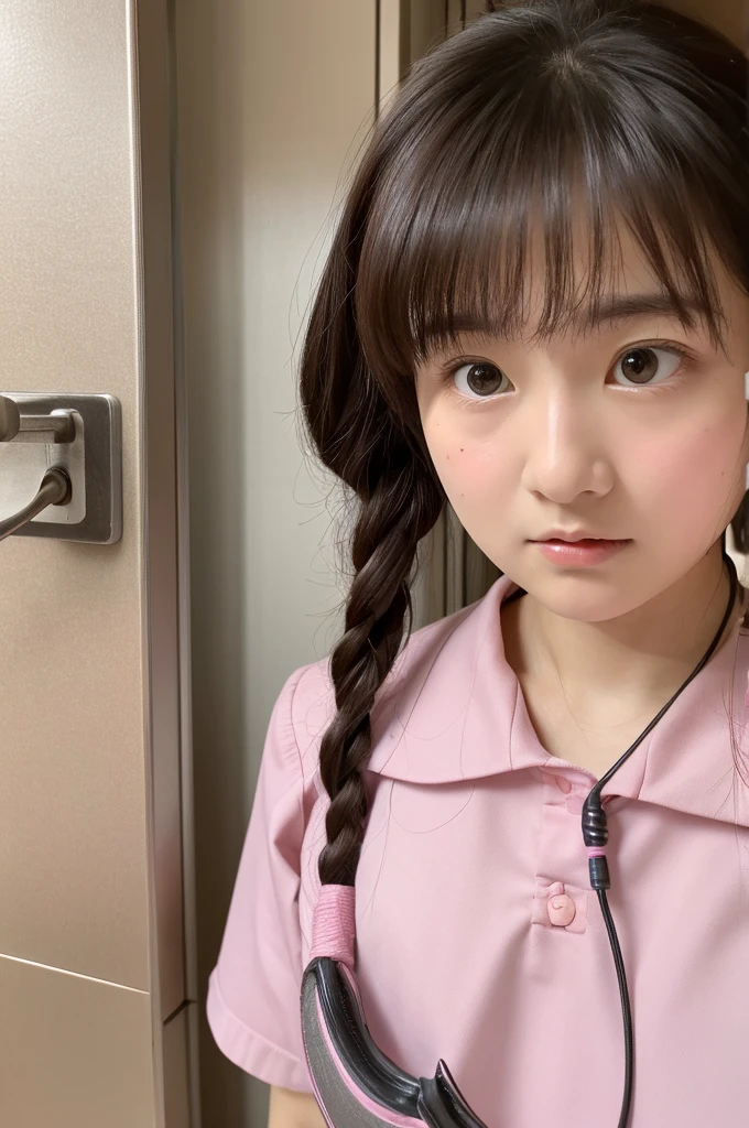 ((highest quality, masterpiece :1.3)), Photorealistic、Ultra-high resolution、Natural skin texture、Hyperrealism、Reflection from the waist up、Beautiful Japanese girl in her early teens、One girl、Larger breasts、Pink nurse uniform、Frightened expression、Eyes are unfocused