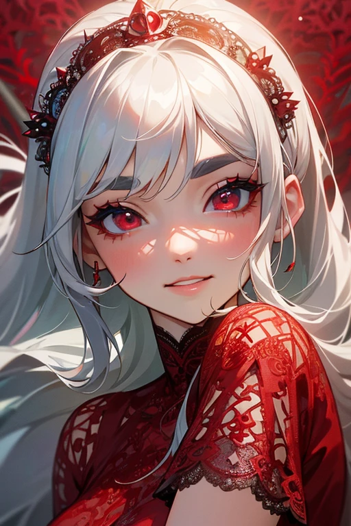 (Highest quality, masterpiece:1.2), (High resolution, 最高masterpiece).(difficult).Very detailed, Realistic:1.37, Fantasy, An illustration,Gray Hair、 Red eyes、Queen, White and blue dress、beautifully、Eyeshadow Red、Thick eyebrows、Long eyelashes、pupils are black、shiny on the lips、Top Sites、Queen、Princess、A kind smile、Show your teeth a little and smile、Soft impression、people々々々々々々Loved by、(Slimming the face).Shoulder Bare、ponytail、Kissing Face、Long white hair、Shaggy Bangs、(Save face image).((Red lace dress))