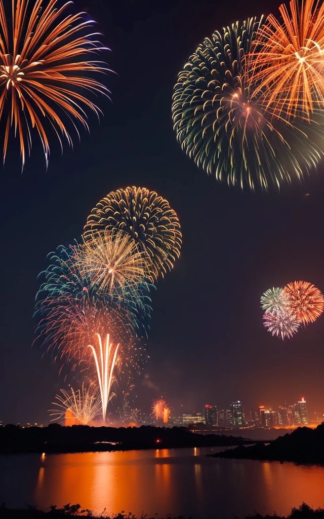 landscape, dark-night, deep fog, orange lanthanum light, Fireworks Festival Venue, Fireworks in the background, cinematic lighting