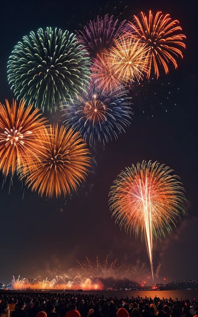 landscape, dark-night, deep fog, orange lanthanum light, Fireworks Festival Venue, Fireworks in the background, cinematic lighting