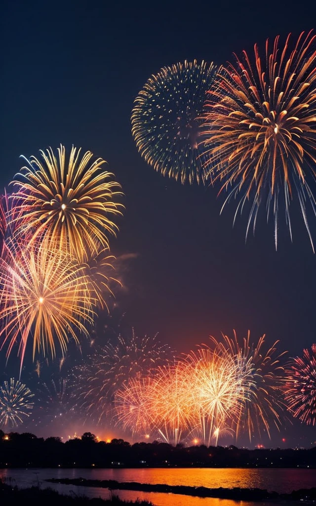 landscape, dark-night, deep fog, orange lanthanum light, Fireworks Festival Venue, Fireworks in the background, cinematic lighting
