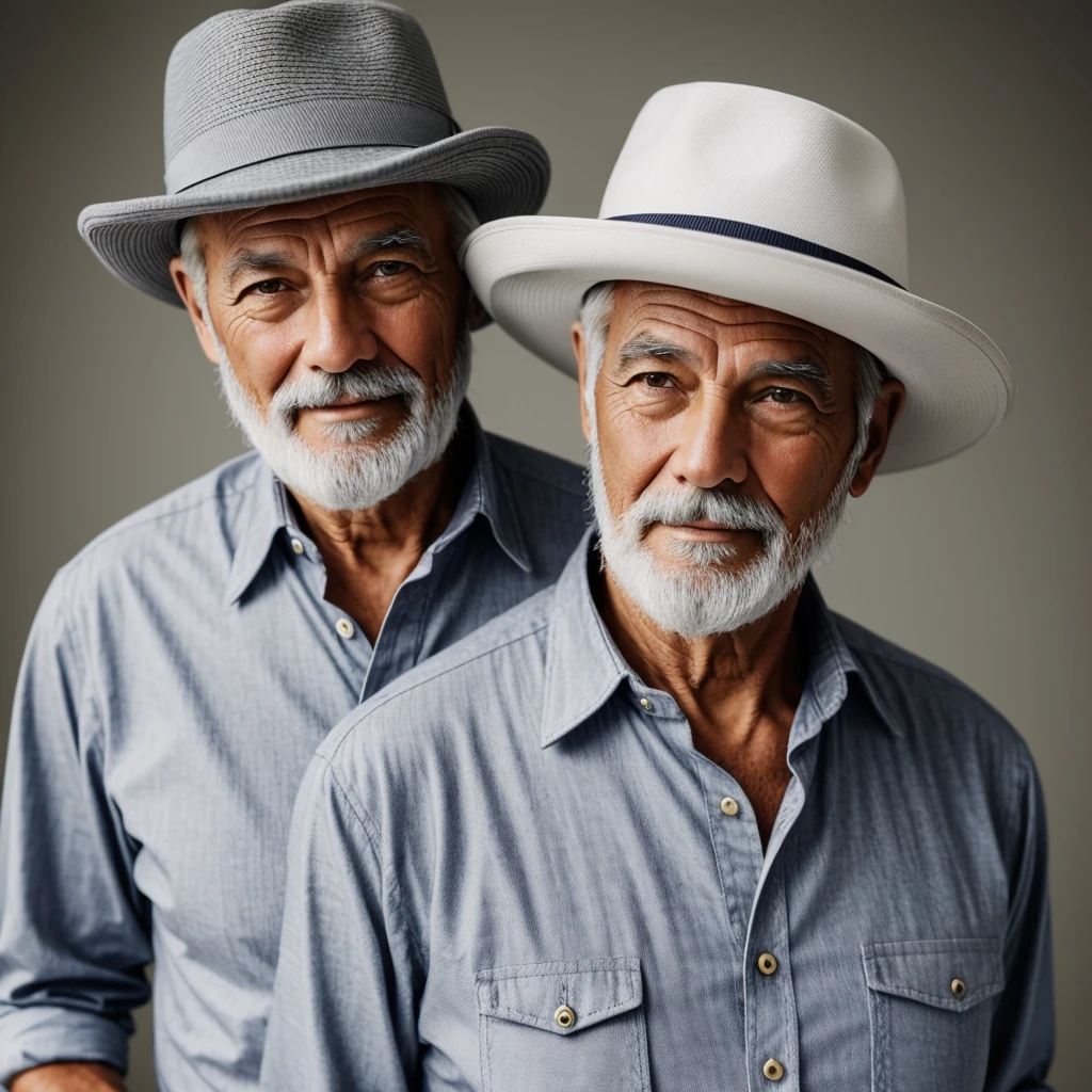 70 YEAR OLD GENTLEMAN, hair grey, wearing a hat and a white button-down shirt