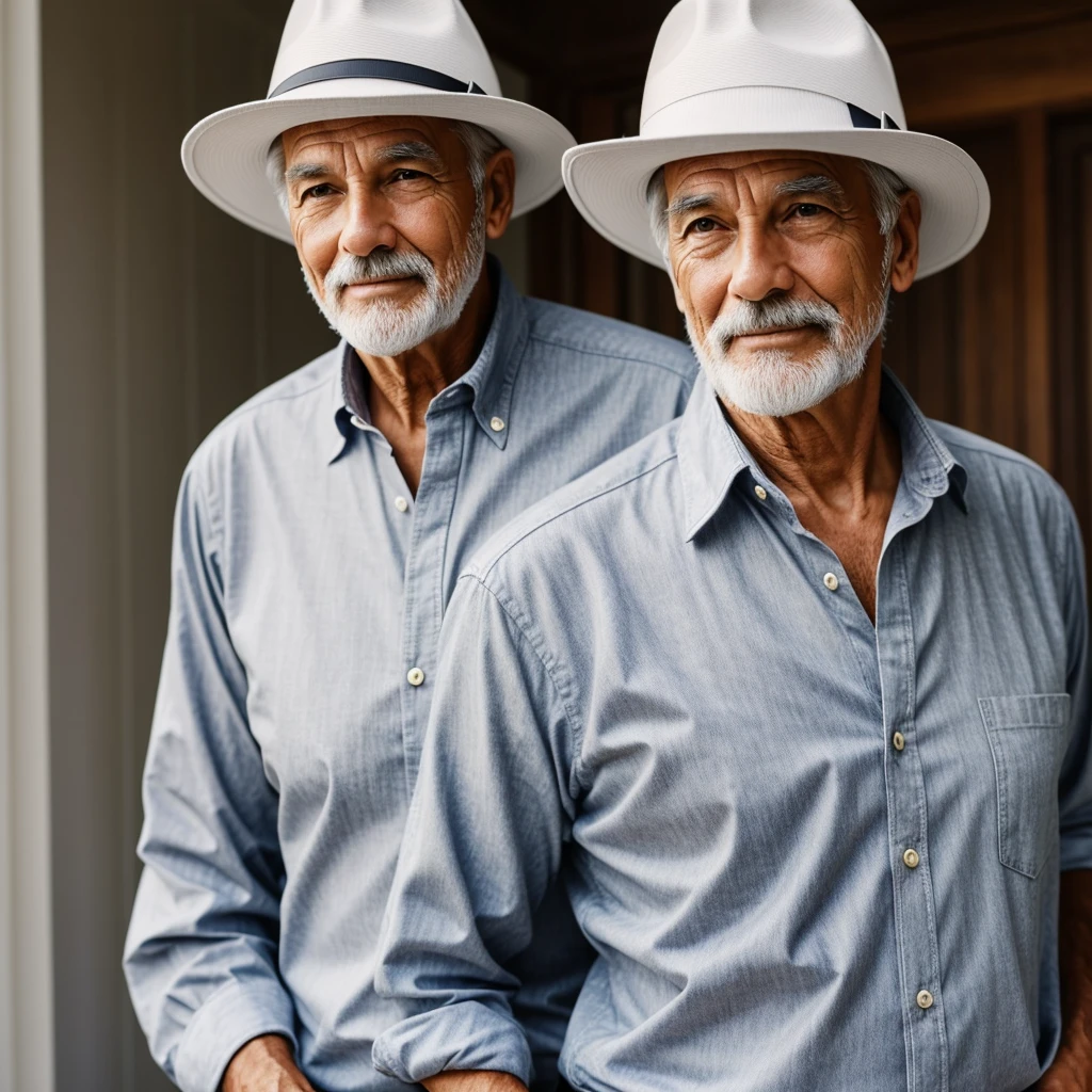 70 YEAR OLD GENTLEMAN, hair grey, wearing a hat and a white button-down shirt