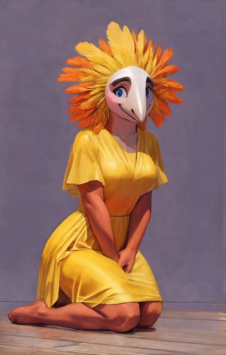 Woman,cabeça de galinha e corpo de Woman, wearing yellow dress. Bright feathers, muscled body, shy smile, scratching on the floor.