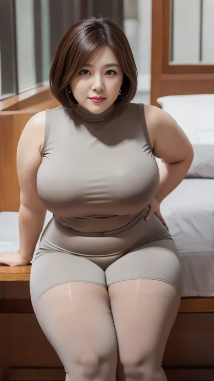 (8K, best quality, masterpiece, Golden Ratio Composition,:1.3, Panoramic view, Full body picture), (40 years old plump Japanese woman in hotel), (90 kg obese body),  (Wearing a turtleneck :1.2), (Legs close-up), (Black tights),  (Snow-white long legs),  (Huge breasts), (No upper body exposed),  (Cropped pants), (穿着Black tights), Soft face line, Gentle and beautiful, (Silver short hair),