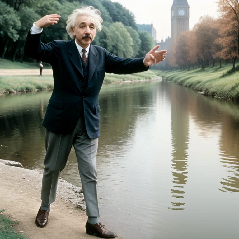 arafed man in a suit and tie standing by a river, david attenborough, doing an elegant pose, standing next to water, standing in a pond, striking a pose, confident stance, mr. bean (rowan atkinson), george soros full body shot, triumphant pose, promo shot, roger moore, classic bond iconic shot, peter cushing as the 10th doctor