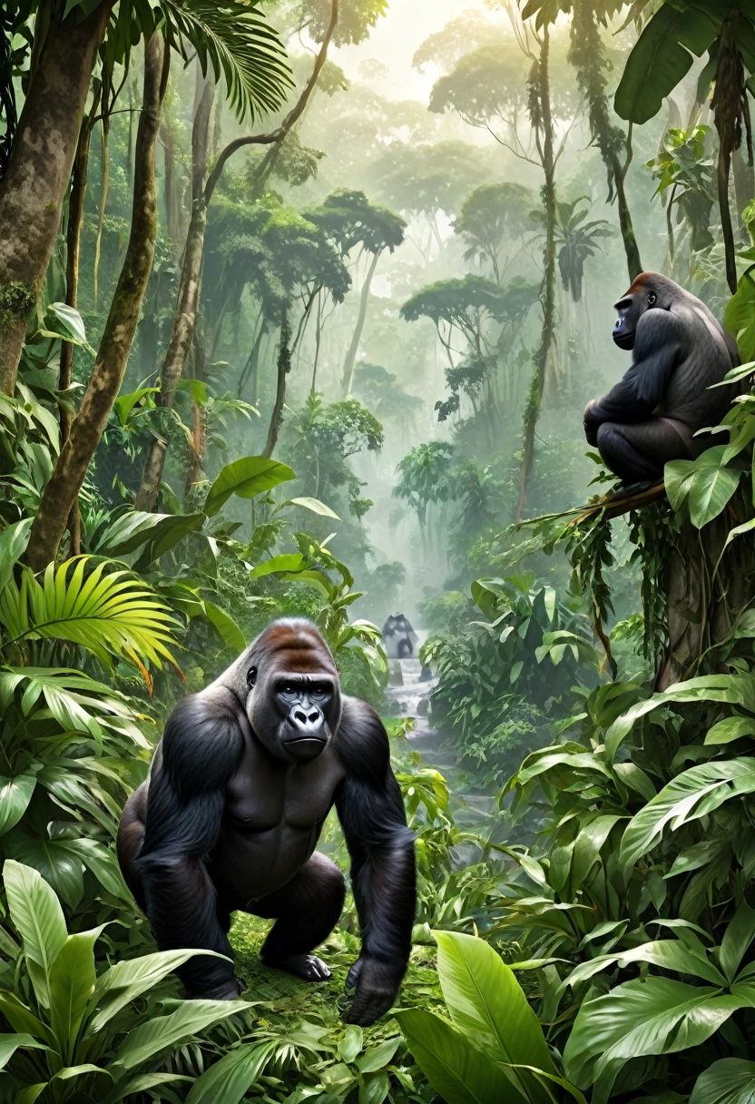 A jungle background with gorillas, photorealistic, artwork,