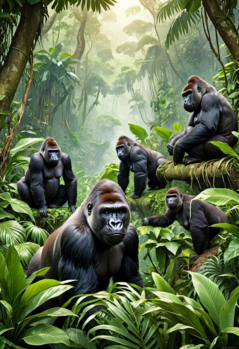 A jungle background with gorillas, photorealistic, artwork,