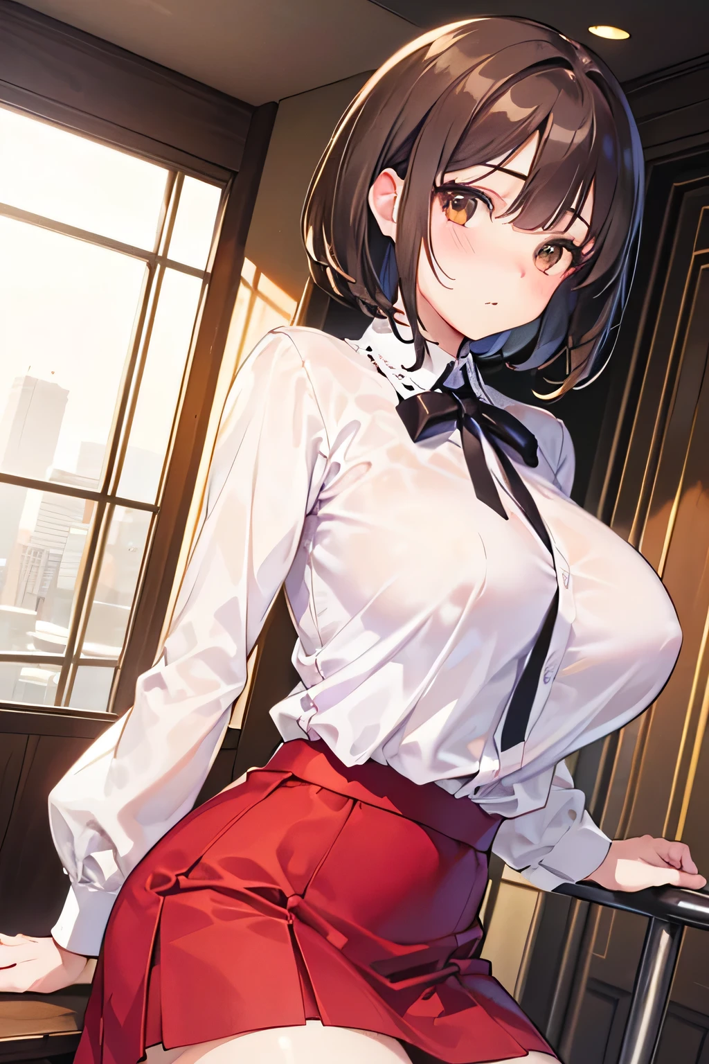 One Woman, alone, middle aged, Beautiful middle aged woman、I could see the whole body、 ((short hair)), ((Brown eyes, Beautiful eyelashes, Realistic eyes)), ((Detailed face, blush:1.2)), ((Smooth texture:0.75, Realistic texture:0.65, Realistic:1.1, Anime CG style)), ((Glamorous Body)),((Big Breasts)), Dynamic Angle, Perfect body, ((Light purple transparent blouse, Red Skirt))、(Hotel stairs)、that'the wind is strong、(Very embarrassing panic smile)、I can see her panties peeking out in front of me.., Angle looking up from the top of the stairs、 (((The wind blew up her skirt、Your pants are completely visible..、Pink Floral Panty Star Piece, Highest quality, High resolution, Pixel perfect, 8k,))),