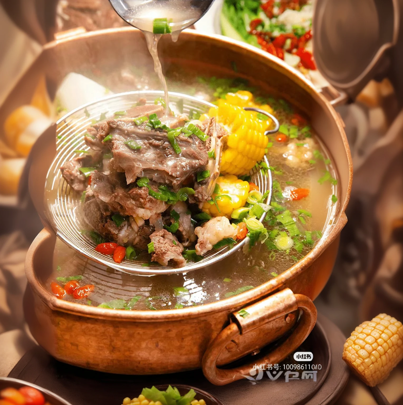 Someone is pouring soup into a pot with vegetables and corn, Warm and convivial atmosphere, Pustules, tasty, Guangdong, boiling, traditional Chinese, You were, holiday, High-quality food photography, daopao, HD Food Photography, bubbling cauldron!, qiangshu, Stunning visuals, simple, Longque Chen