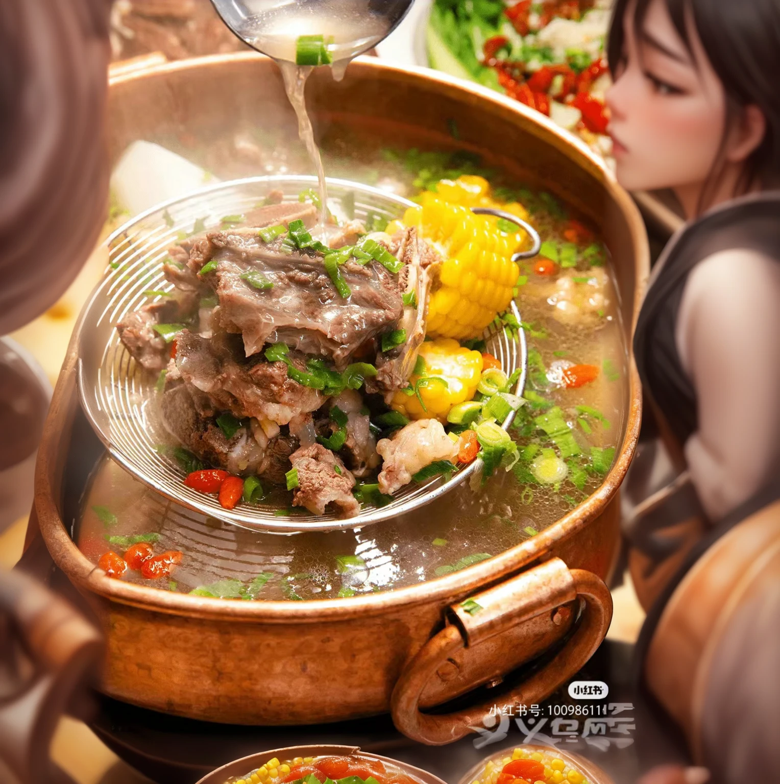 Someone is pouring soup into a pot with vegetables and corn, Warm and convivial atmosphere, Pustules, tasty, Guangdong, boiling, traditional Chinese, You were, holiday, High-quality food photography, daopao, HD Food Photography, bubbling cauldron!, qiangshu, Stunning visuals, simple, Longque Chen