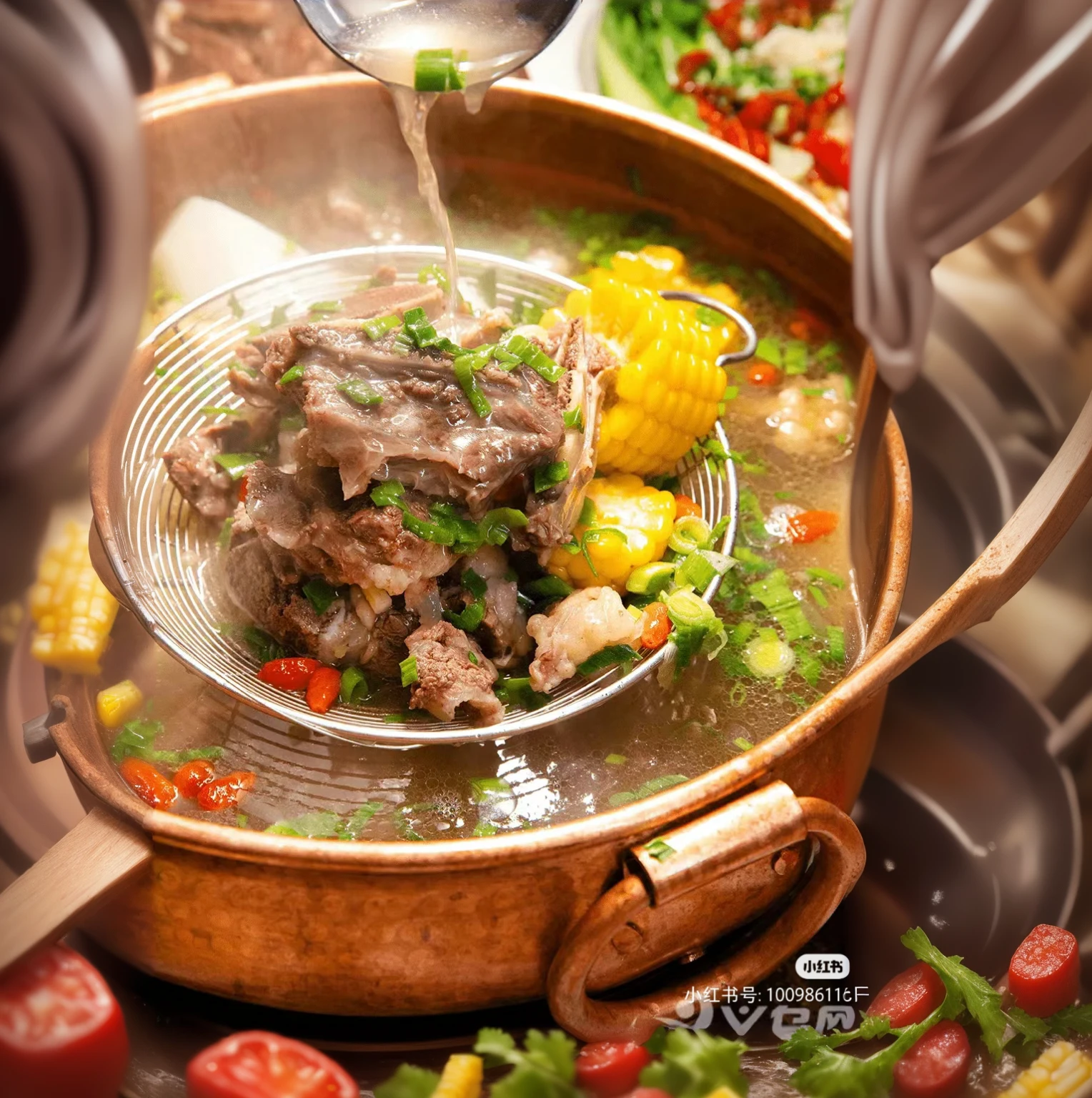 Someone is pouring soup into a pot with vegetables and corn,  Warm and convivial atmosphere, Pustules, tasty, Guangdong, boiling, traditional Chinese, You were, holiday, High-quality food photography, daopao, HD Food Photography, bubbling cauldron!, qiangshu, Stunning visuals, simple, Longque Chen